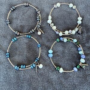 Vantel Pearls -Beaded Pearl Accent Stretch Bracelet — Set of 4 Real Pearl Dangle